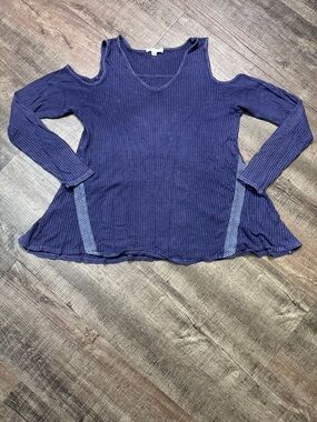 Blue Cold-Shoulder Waffle Knit Top with Side Trim